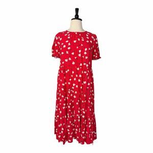 J.Crew Midi Dress Short Puff Sleeve Tiered Red Floral Women’s Size XL New NWT